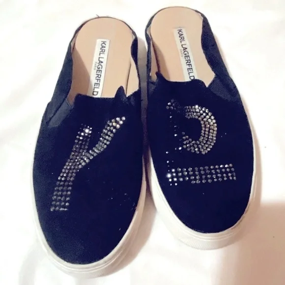 Karl Lagerfeld Black Rhinestone Slip On Slides Shoes - Picture 4 of 5